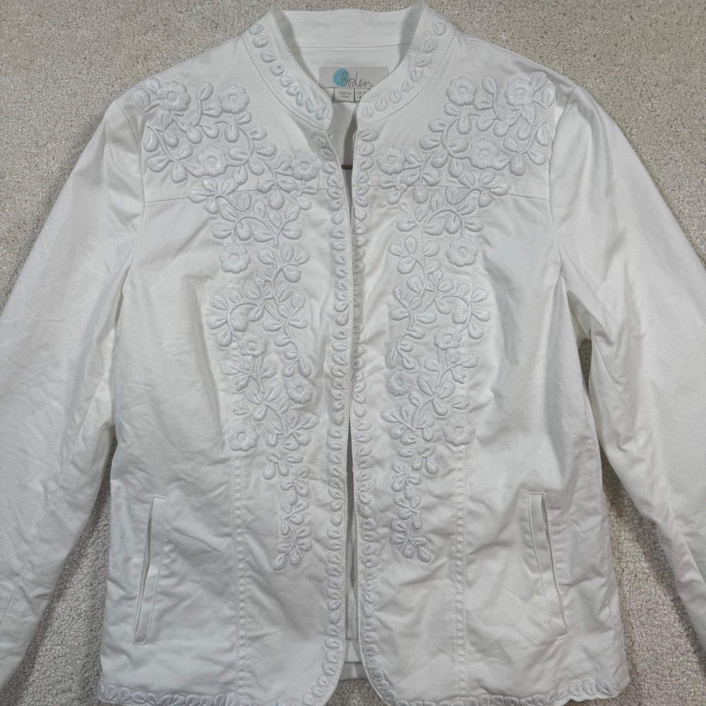 Boden Embroidered Jacket Womens 6 White Floral‎ Cotton Blend Hook Eye T0160 - Picture 4 of 13